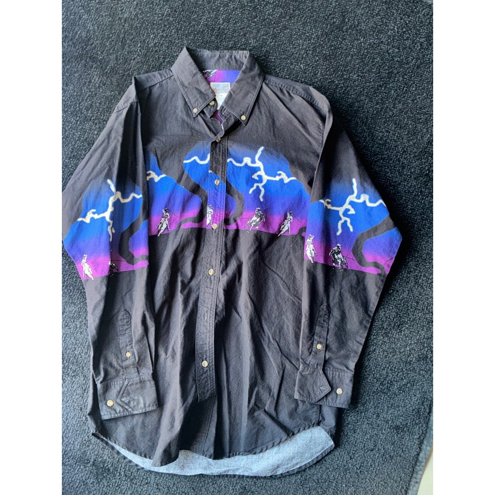 Express Rider Mens Western Graphic Shirt Black Lightning Cowboy Horseback M